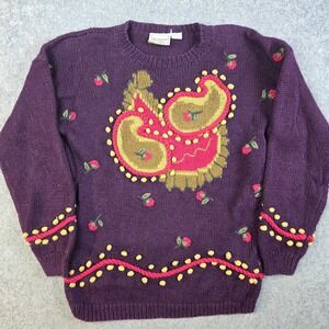 Vtg 90s Elements Sweater Womens Small Purple Paisley Floral Knit Boho Artsy